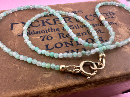 Asymmetrical Australian Chyrsoprase mini beaded necklace with 9ct Bolt clasp and oval bead
