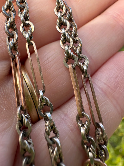 Antique 9ct Rose and White Gold Trombone and Lovers Knot chain