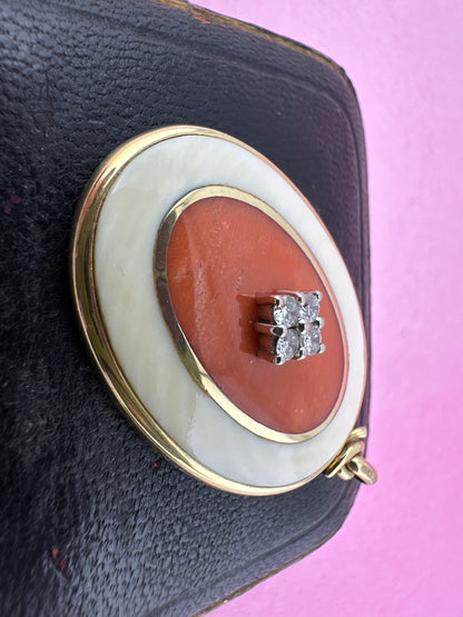 14ct Gold Coral and Diamond Pendant