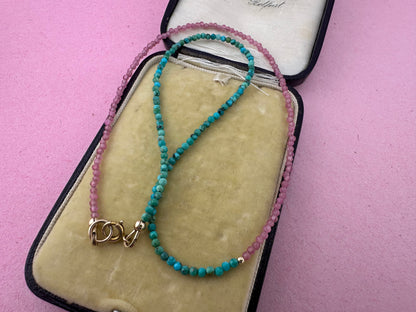 Blush & Tide- Pink Tourmaline and turquoise mini beaded necklace with 9ct gold antique bolt clasp