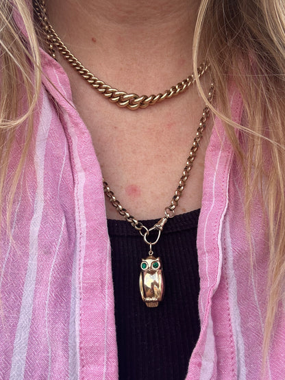 Vintage 9ct Gold Owl charm with green past eyes