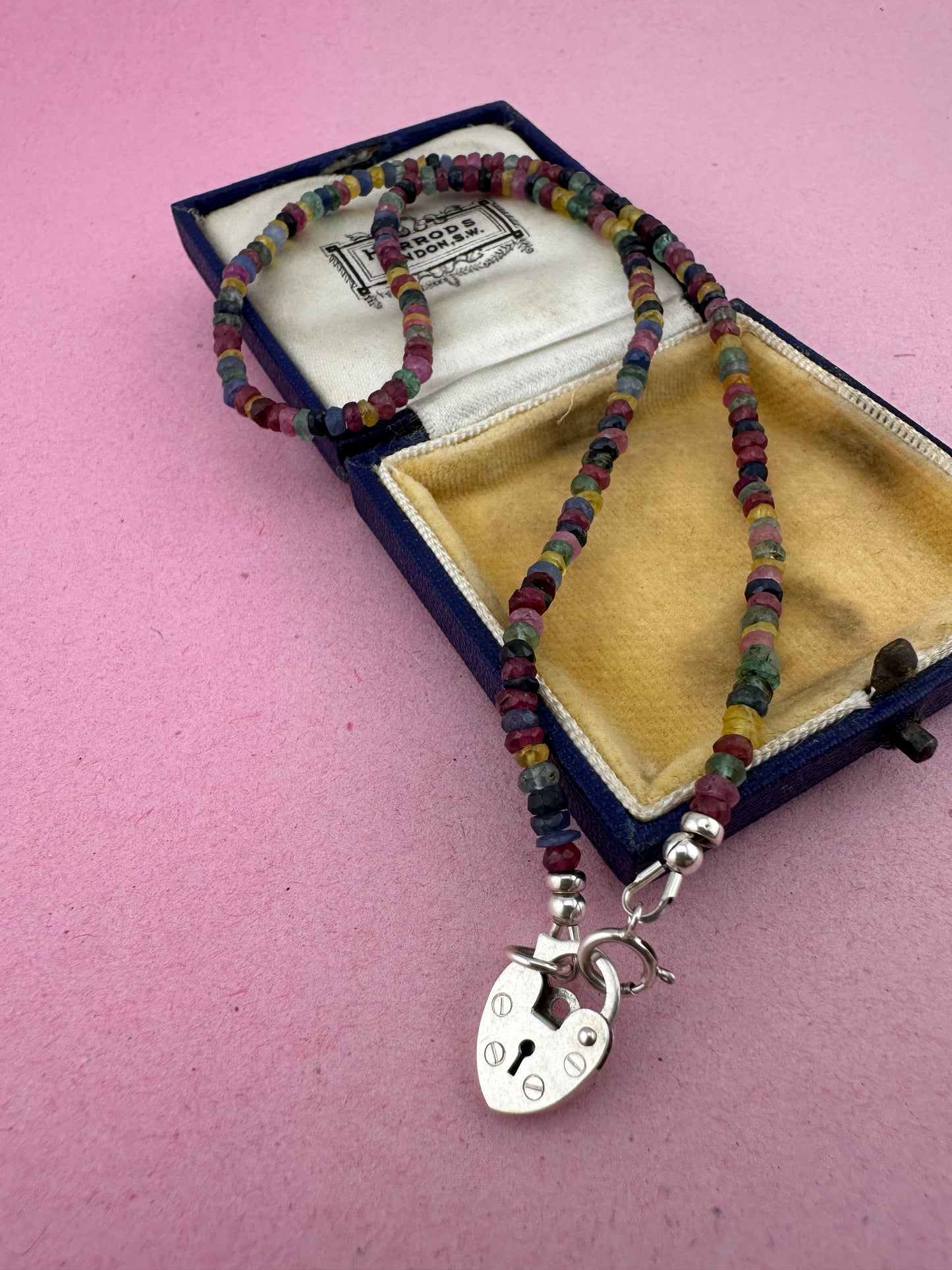Rainbow- Mixed Gemstone Mini beaded necklace with Vintage Sterling Heart Padlock