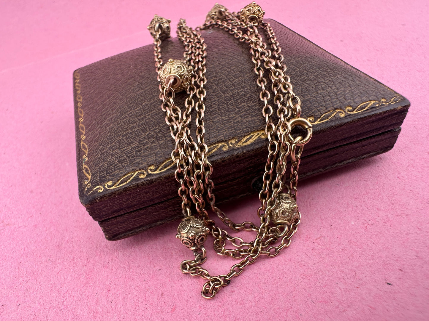 Antique 9ct Light Rose Gold Etruscan revival Orb Station chain