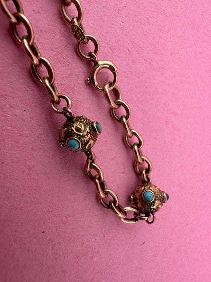 Antique 9ct Rose Gold Turquoise Orb and cable link bracelet with bolt clasp