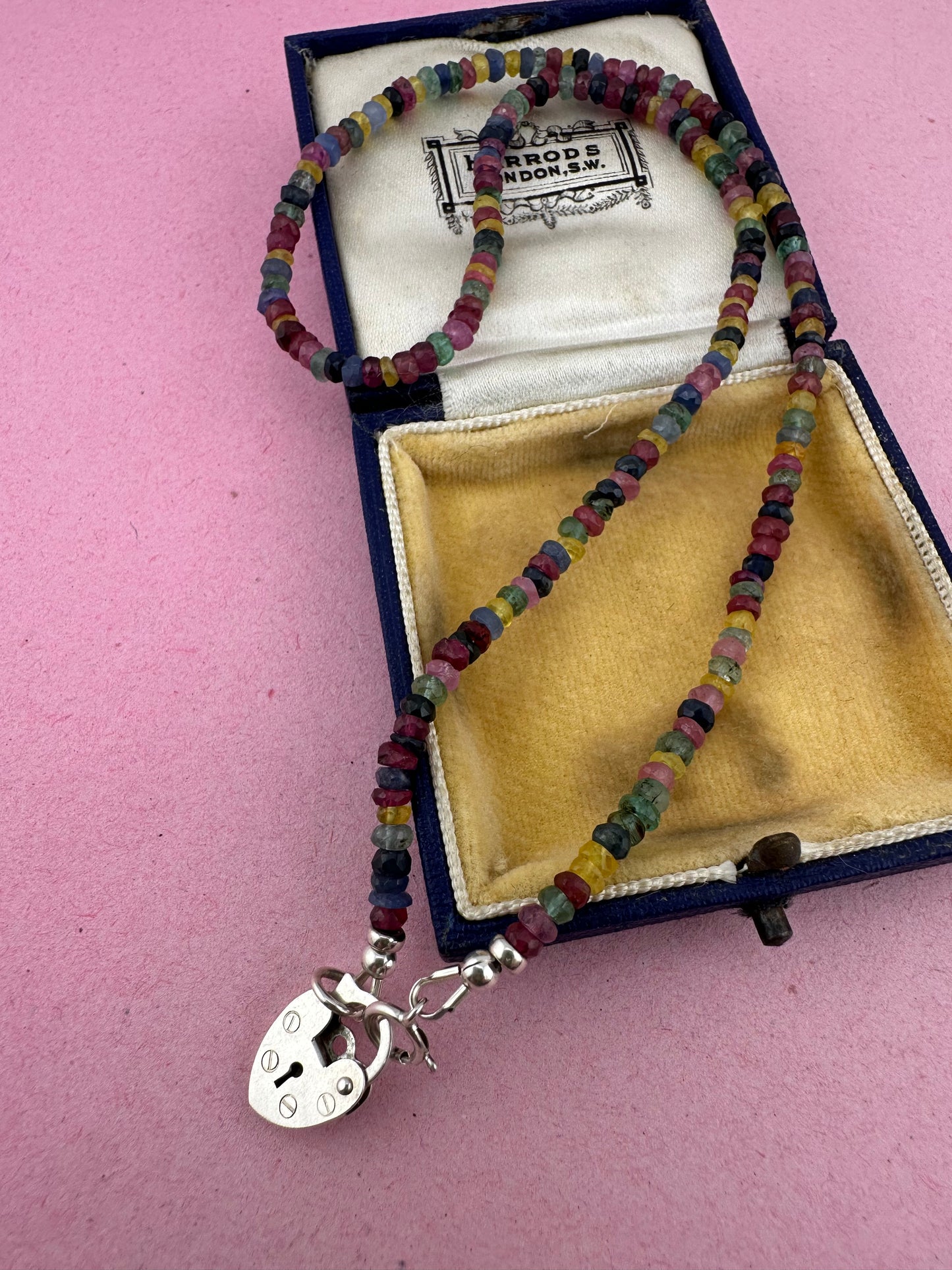 Rainbow- Mixed Gemstone Mini beaded necklace with Vintage Sterling Heart Padlock