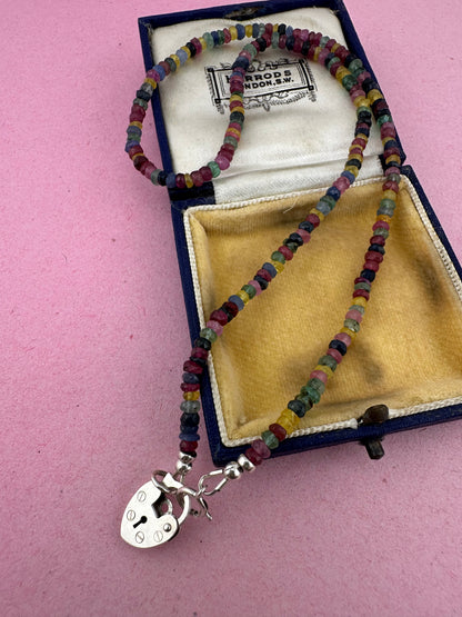 Rainbow- Mixed Gemstone Mini beaded necklace with Vintage Sterling Heart Padlock