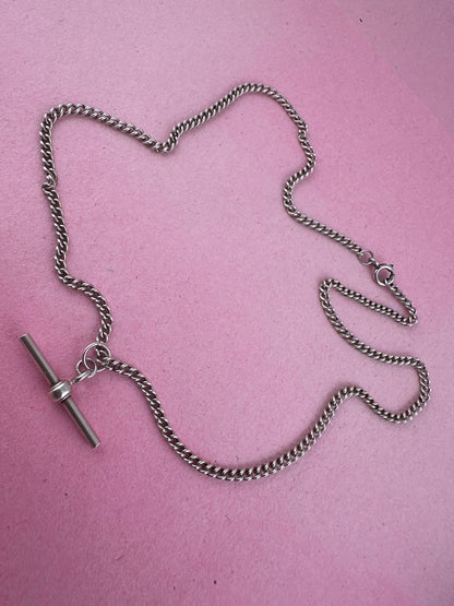 Vintage Sterling Silver Curb Albert chain with floating t-bar
