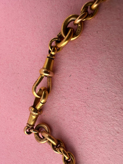 Antique 9ct Yellow Gold Trombone & Lovers Knot Albert chain with double dog clips