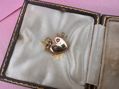 Antique 9ct rose gold heart with flush set pearls and turquoise.