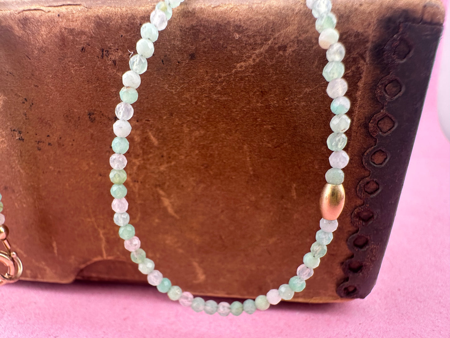 Asymmetrical Australian Chyrsoprase mini beaded necklace with 9ct Bolt clasp and oval bead