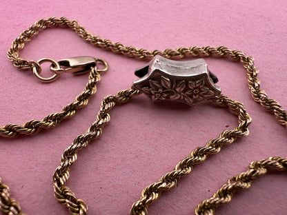 Vintage 9ct Gold Rope chain with Antique silver floral slider