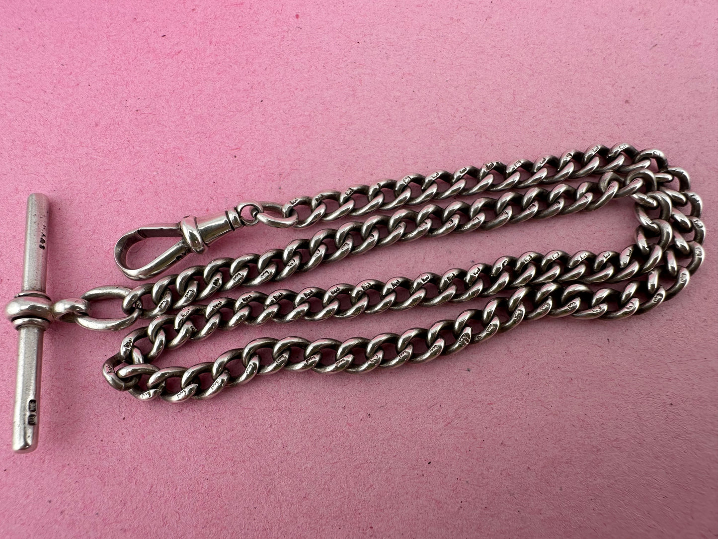Antique Sterling Silver Ungraduated Curb Albert with dogclip and t-bar