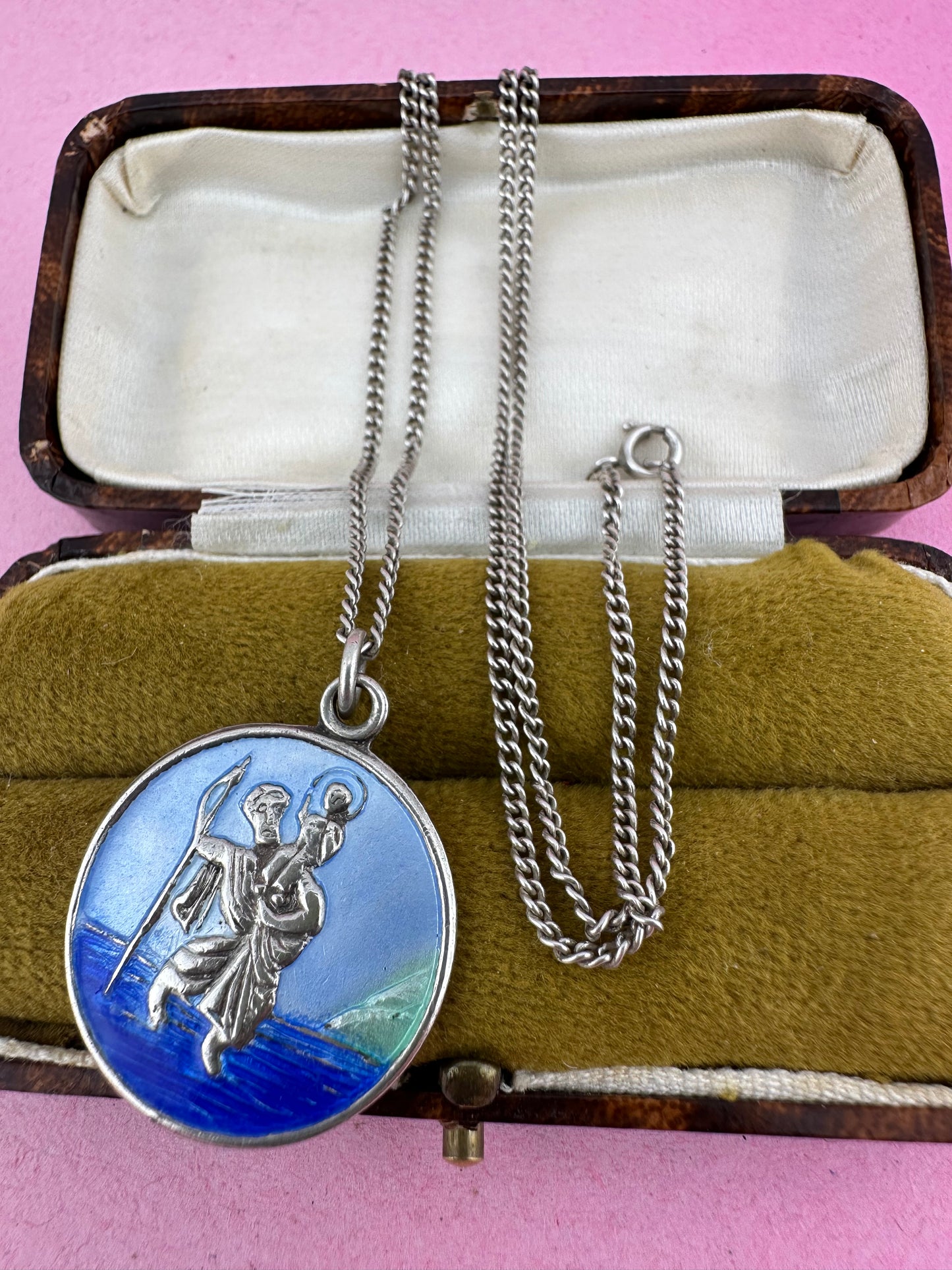 Sterling Silver Enamel St Christopher on a curb chain