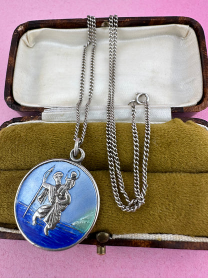 Sterling Silver Enamel St Christopher on a curb chain