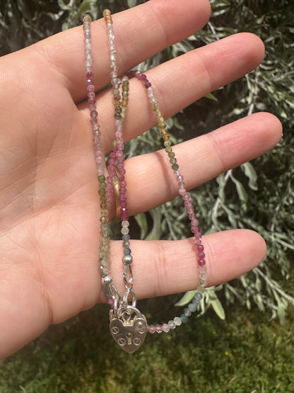 Ombré Tourmaline Mini Beaded necklace with Vintage Sterling Silver Heart Padlock