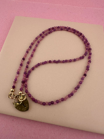 Ruby & Pink Tourmaline mix Mini beads with vintage 9ct Gold heart padlock