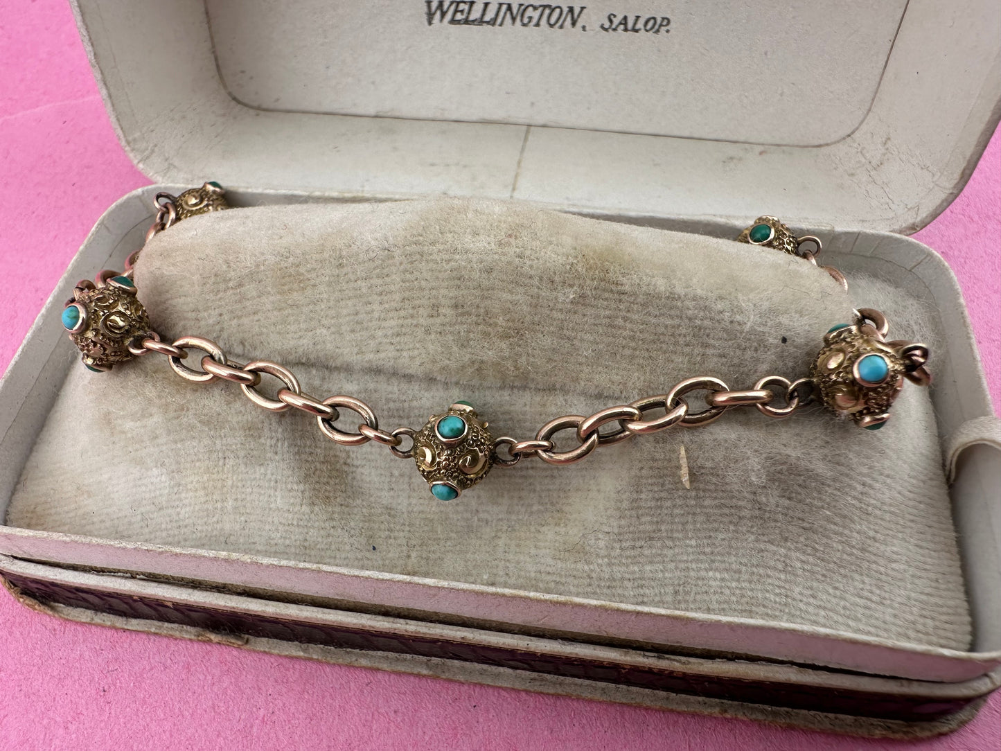 Antique 9ct Rose Gold Turquoise Orb and cable link bracelet with bolt clasp