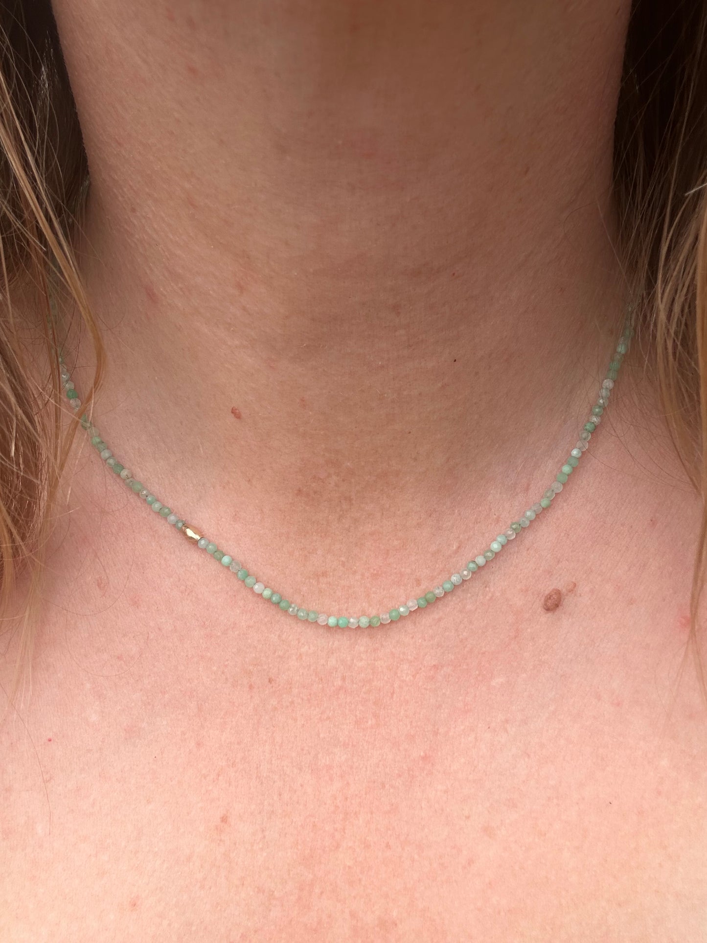 Asymmetrical Australian Chyrsoprase mini beaded necklace with 9ct Bolt clasp and oval bead