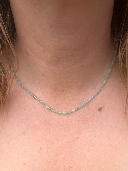 Asymmetrical Australian Chyrsoprase mini beaded necklace with 9ct Bolt clasp and oval bead