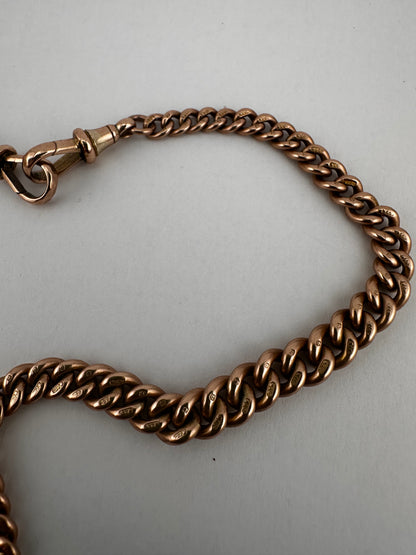 Antique 9ct Rose Gold Graduated Curb Albert chain with double faceted dog clips and fixed T-bar