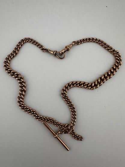Antique 9ct Rose Gold Graduated Curb Albert chain with double faceted dog clips and fixed T-bar