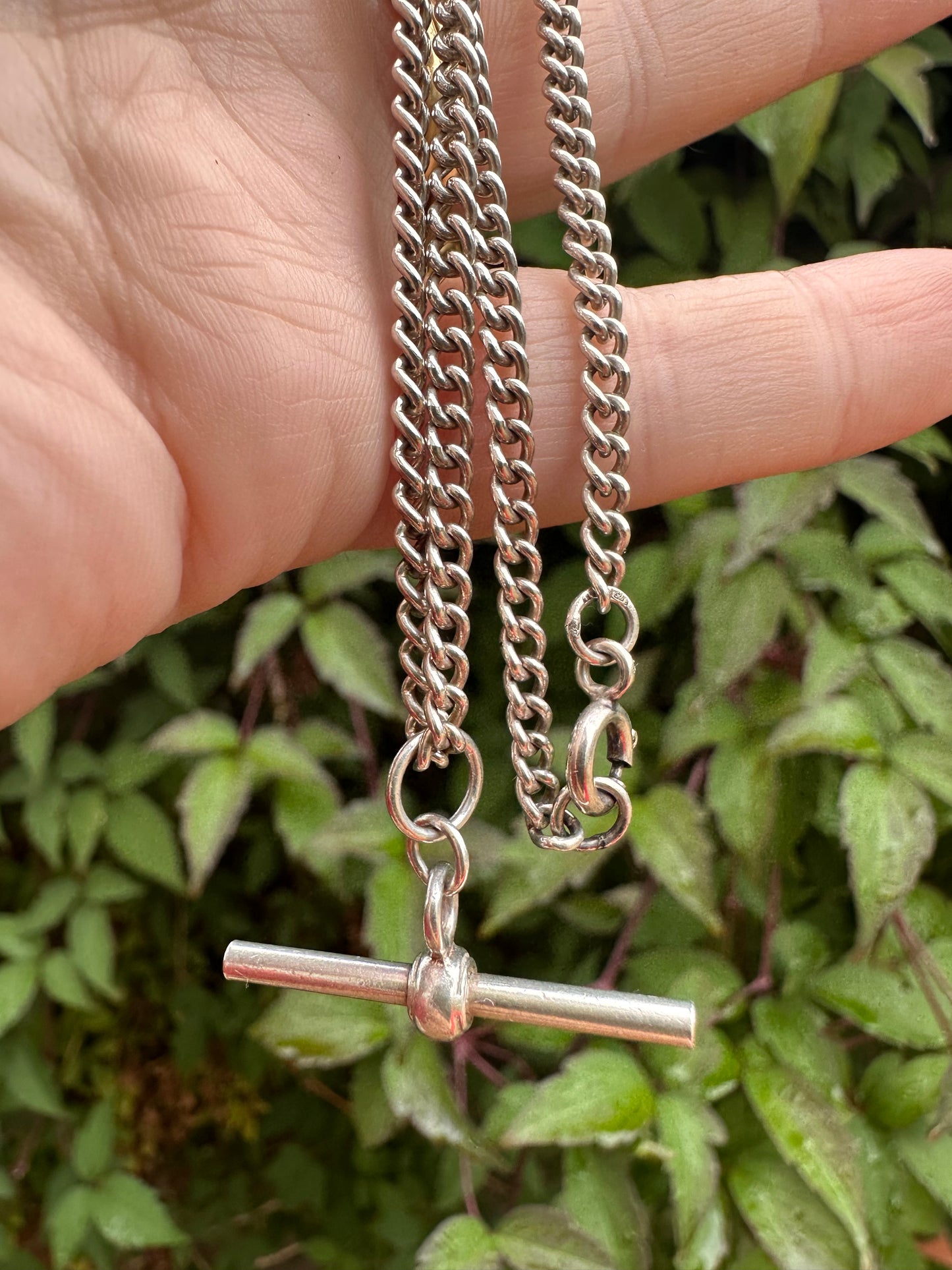 Vintage Sterling Silver Curb Albert chain with floating t-bar
