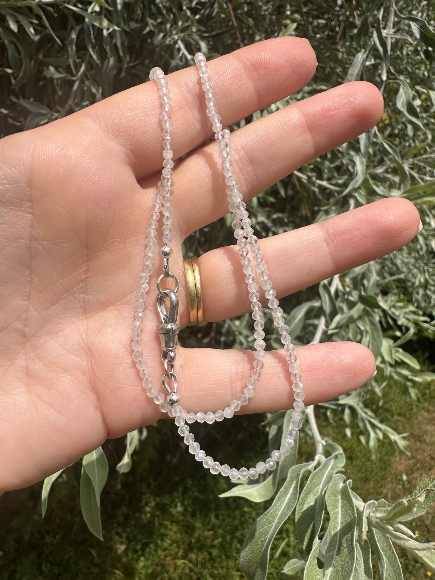 Moonstone Mini Beads with Antique Silver Dog Clip