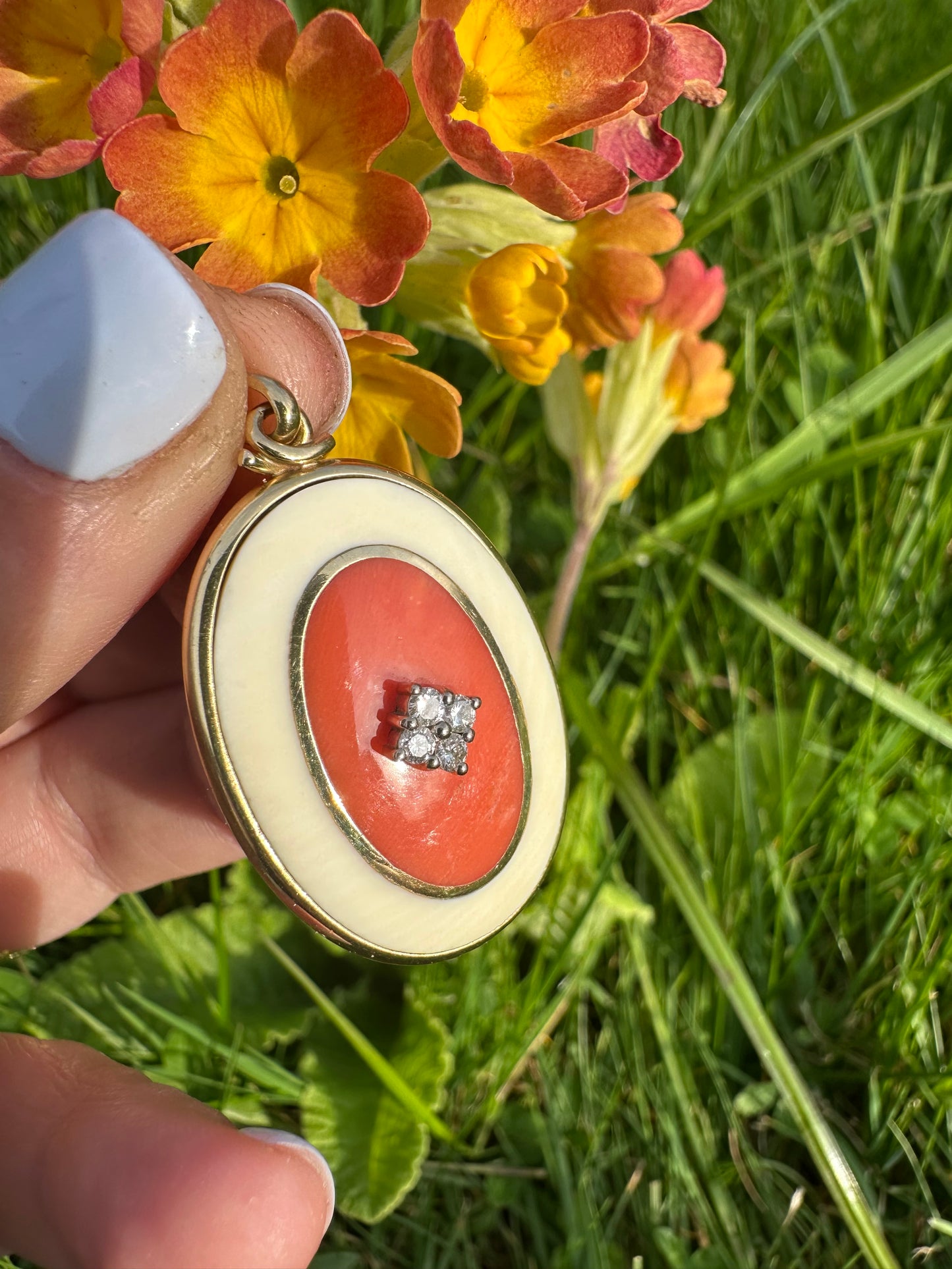 14ct Gold Coral and Diamond Pendant