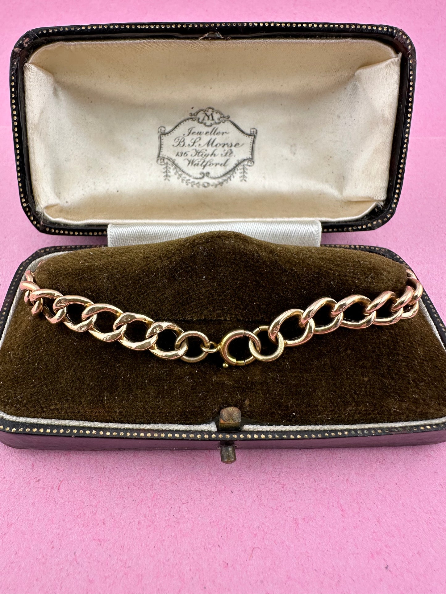 Antique 9ct Peachy Rose gold Curb bracelet with bolt clasp