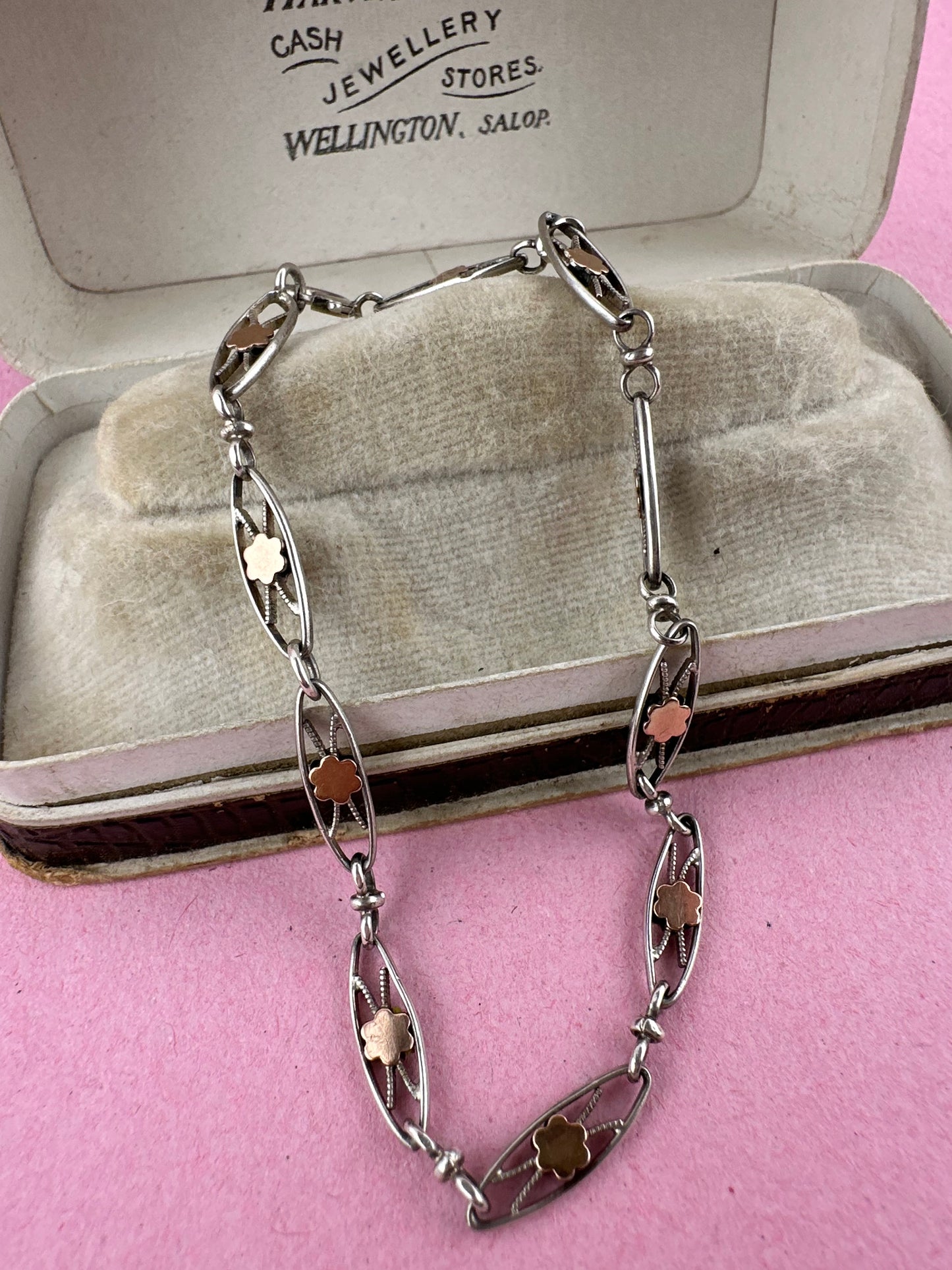 French 800 silver filigree bracelet with gold plated details.