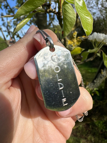 Silver Goldie Nameplate pendant on a curb chain