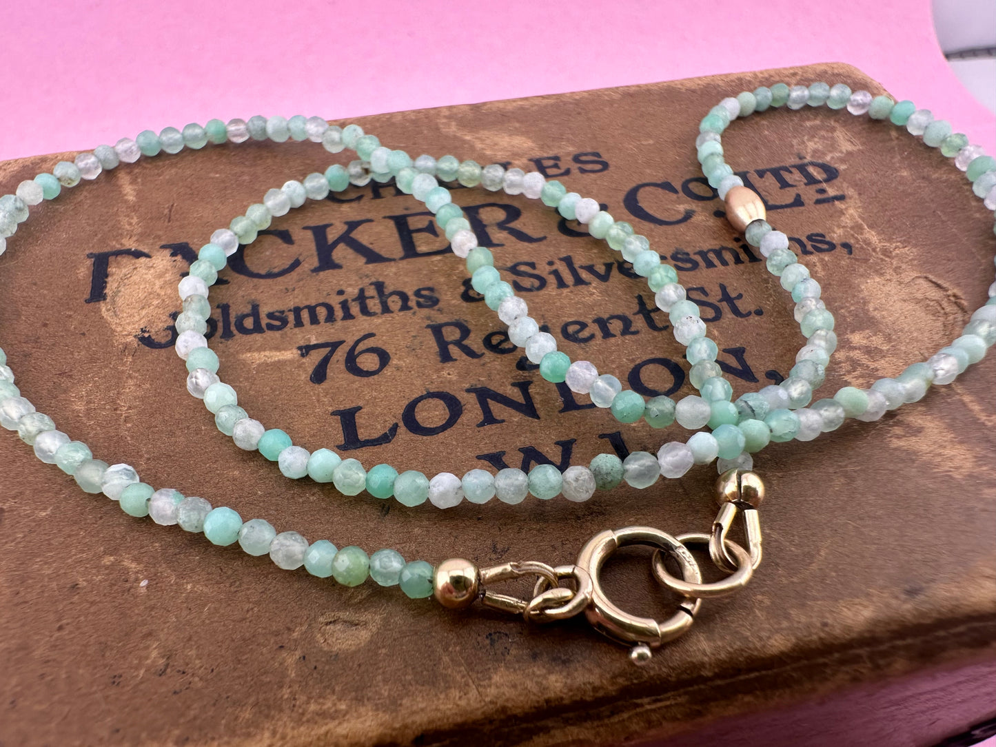 Asymmetrical Australian Chyrsoprase mini beaded necklace with 9ct Bolt clasp and oval bead