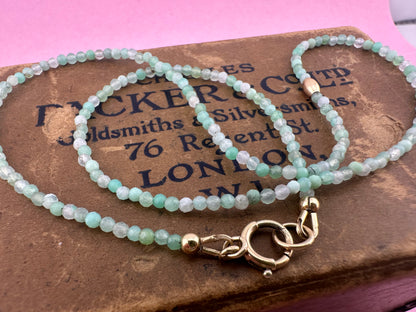 Asymmetrical Australian Chyrsoprase mini beaded necklace with 9ct Bolt clasp and oval bead