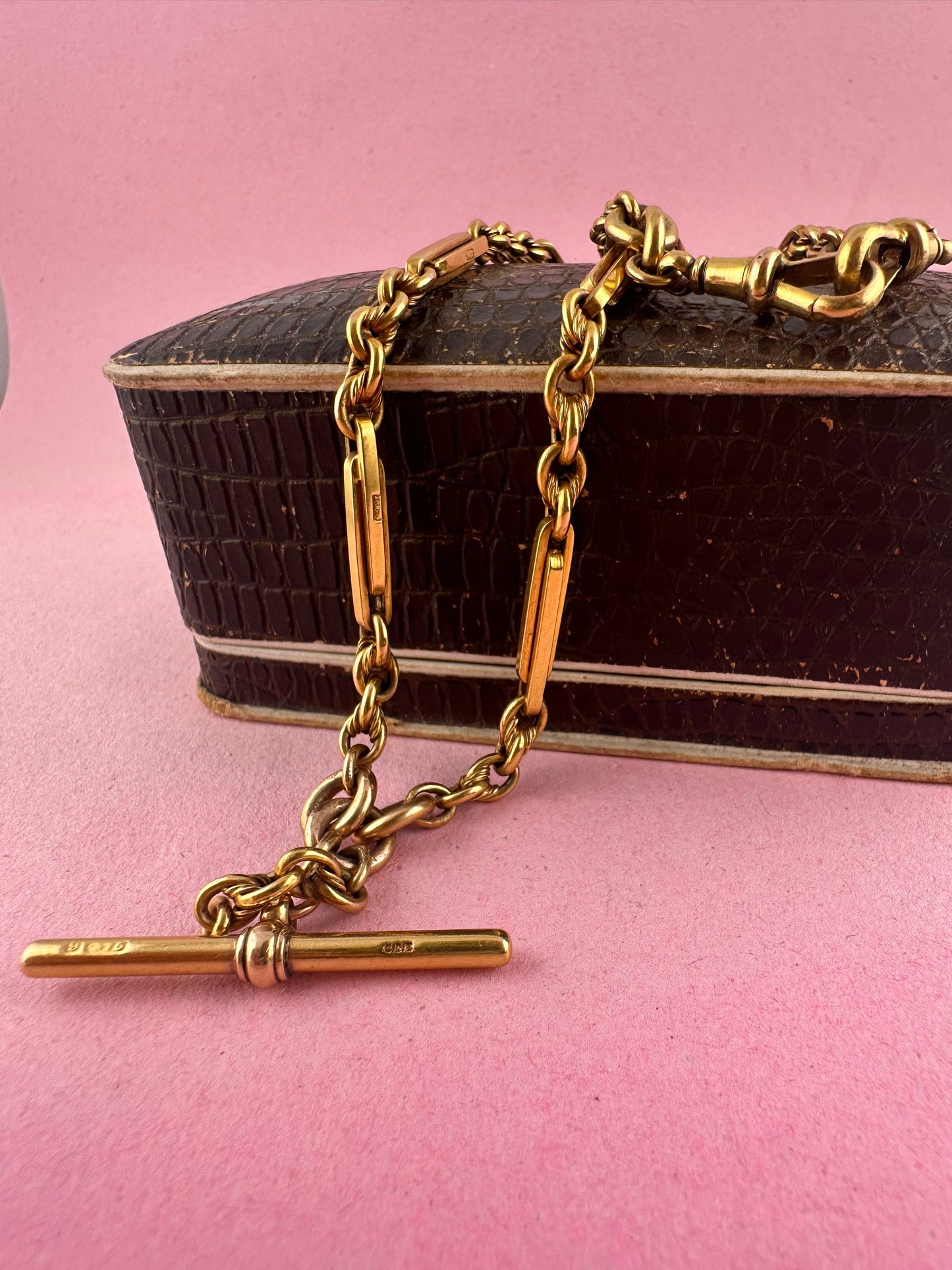 Antique 9ct Yellow Gold Trombone & Lovers Knot Albert chain with double dog clips