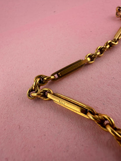Antique 9ct Yellow Gold Trombone & Lovers Knot Albert chain with double dog clips