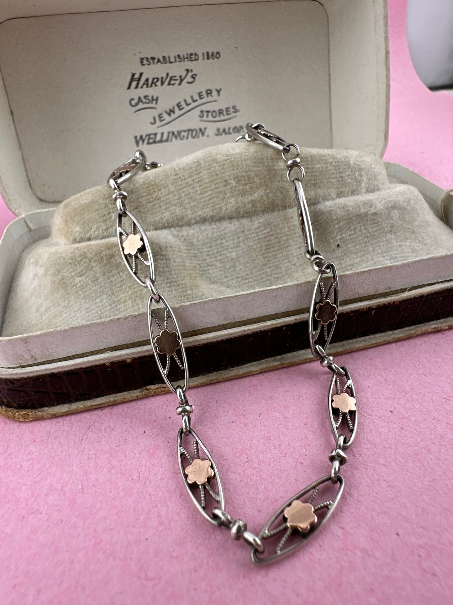 French 800 silver filigree bracelet with gold plated details.