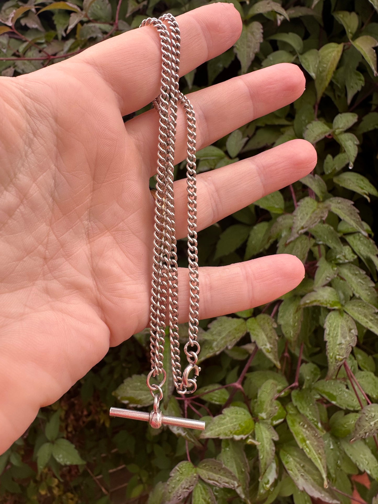 Vintage Sterling Silver Curb Albert chain with floating t-bar