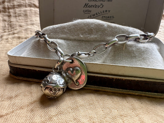 Sterling Silver Oval Belcher bracelet with orb charm and heart charms