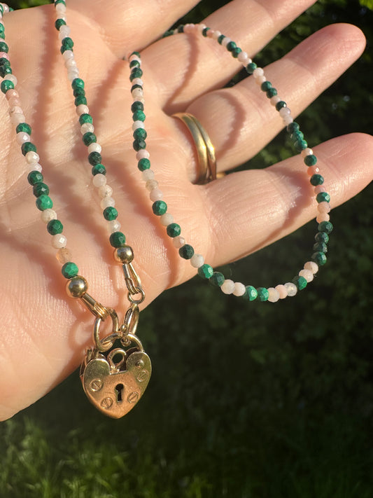Peony- Pink Opal and Malachite mini bead necklace with vintage heart padlock