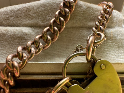 Antique 9ct Gold Graduated Curb bracelet with large heart padlock
