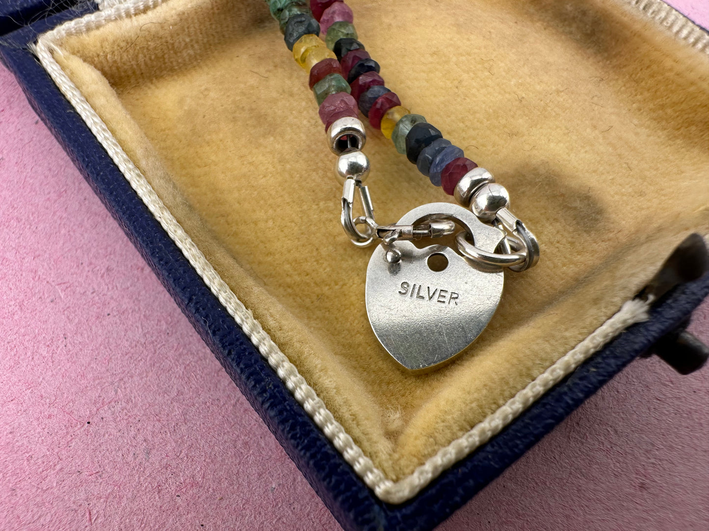 Rainbow- Mixed Gemstone Mini beaded necklace with Vintage Sterling Heart Padlock