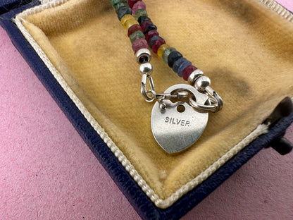 Rainbow- Mixed Gemstone Mini beaded necklace with Vintage Sterling Heart Padlock