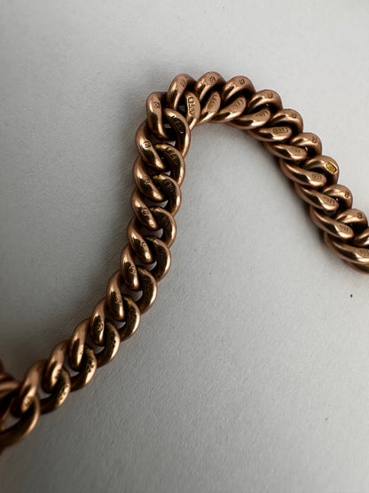 Antique 9ct Rose Gold Graduated Curb Albert chain with double faceted dog clips and fixed T-bar