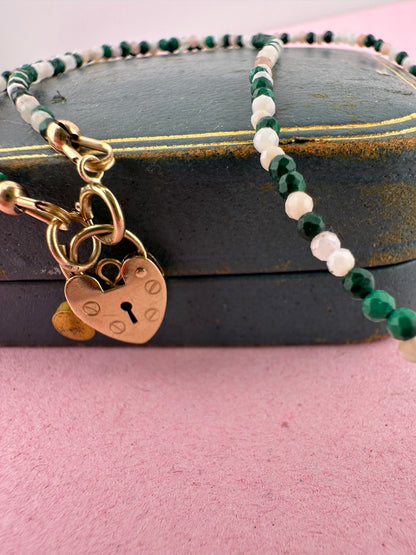 Peony- Pink Opal and Malachite mini bead necklace with vintage heart padlock