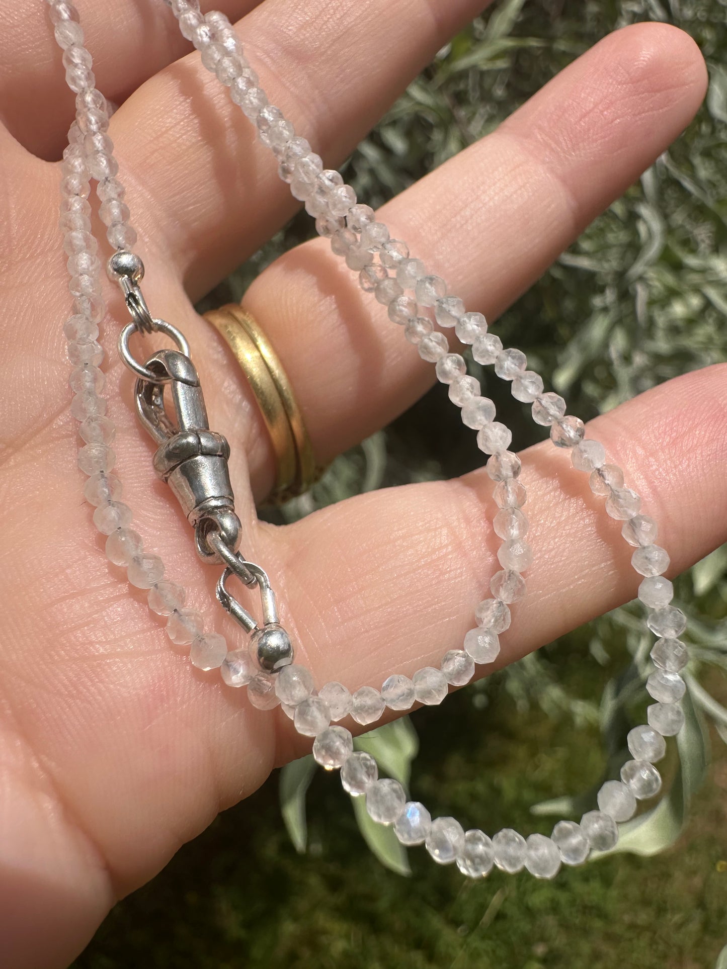 Moonstone Mini Beads with Antique Silver Dog Clip
