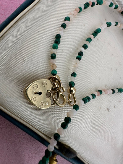 Peony- Pink Opal and Malachite mini bead necklace with vintage heart padlock