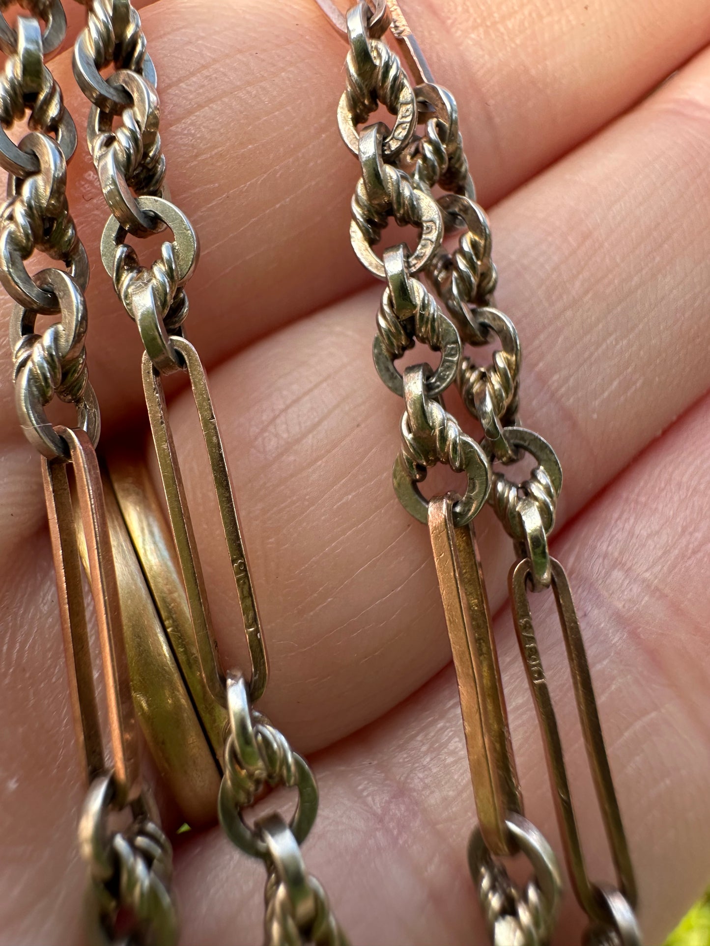 Antique 9ct Rose and White Gold Trombone and Lovers Knot chain