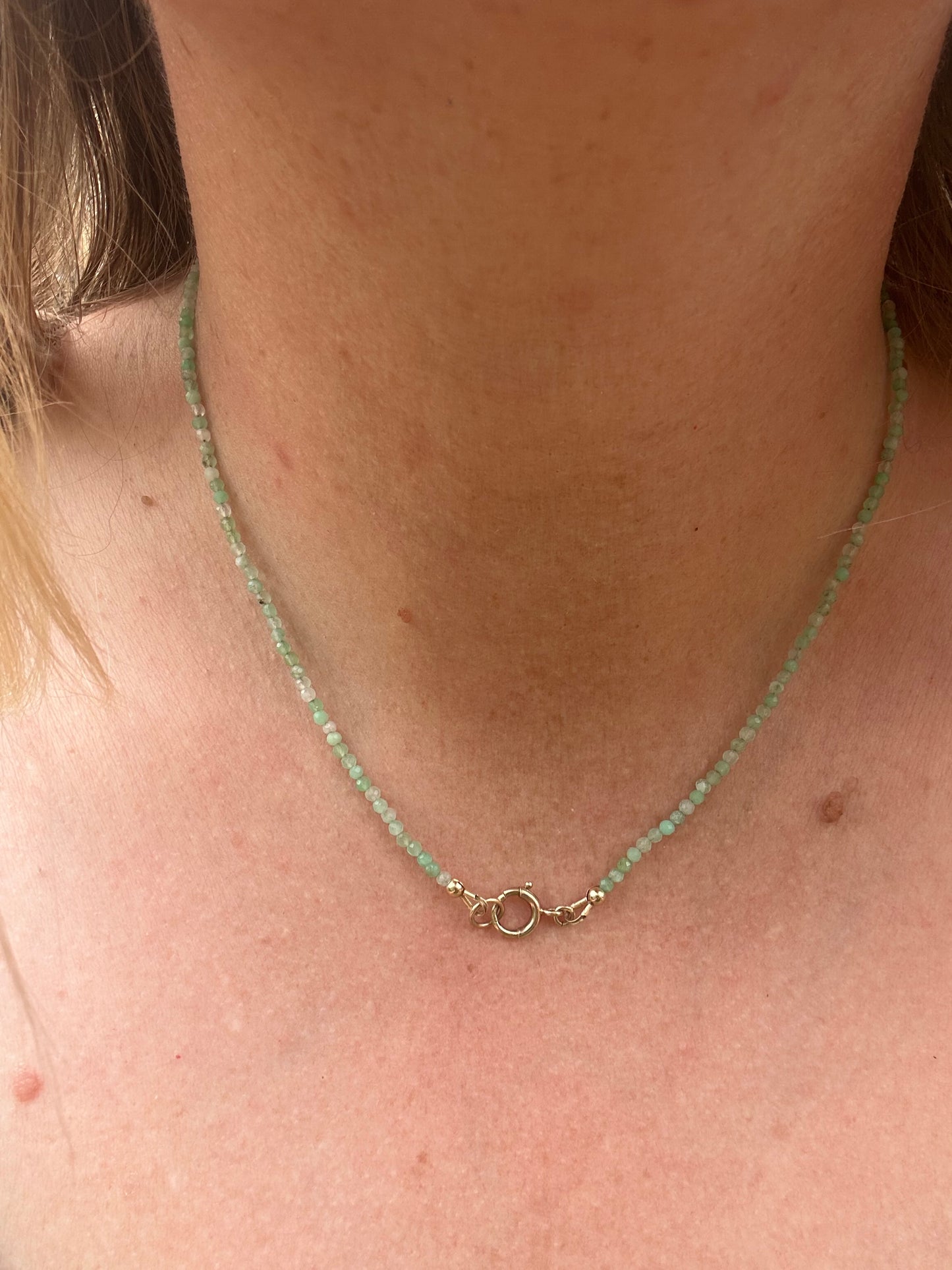 Asymmetrical Australian Chyrsoprase mini beaded necklace with 9ct Bolt clasp and oval bead