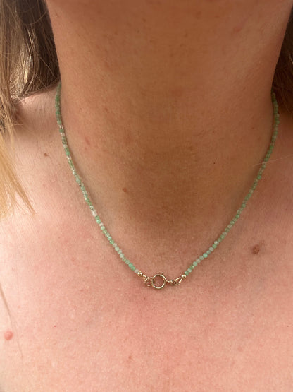 Asymmetrical Australian Chyrsoprase mini beaded necklace with 9ct Bolt clasp and oval bead