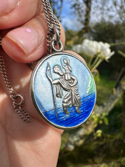 Sterling Silver Enamel St Christopher on a curb chain
